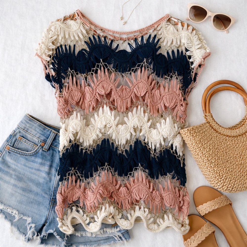 Boho Crochet Fringe Top Sheer Festival Beach Cover Up S/M Resort